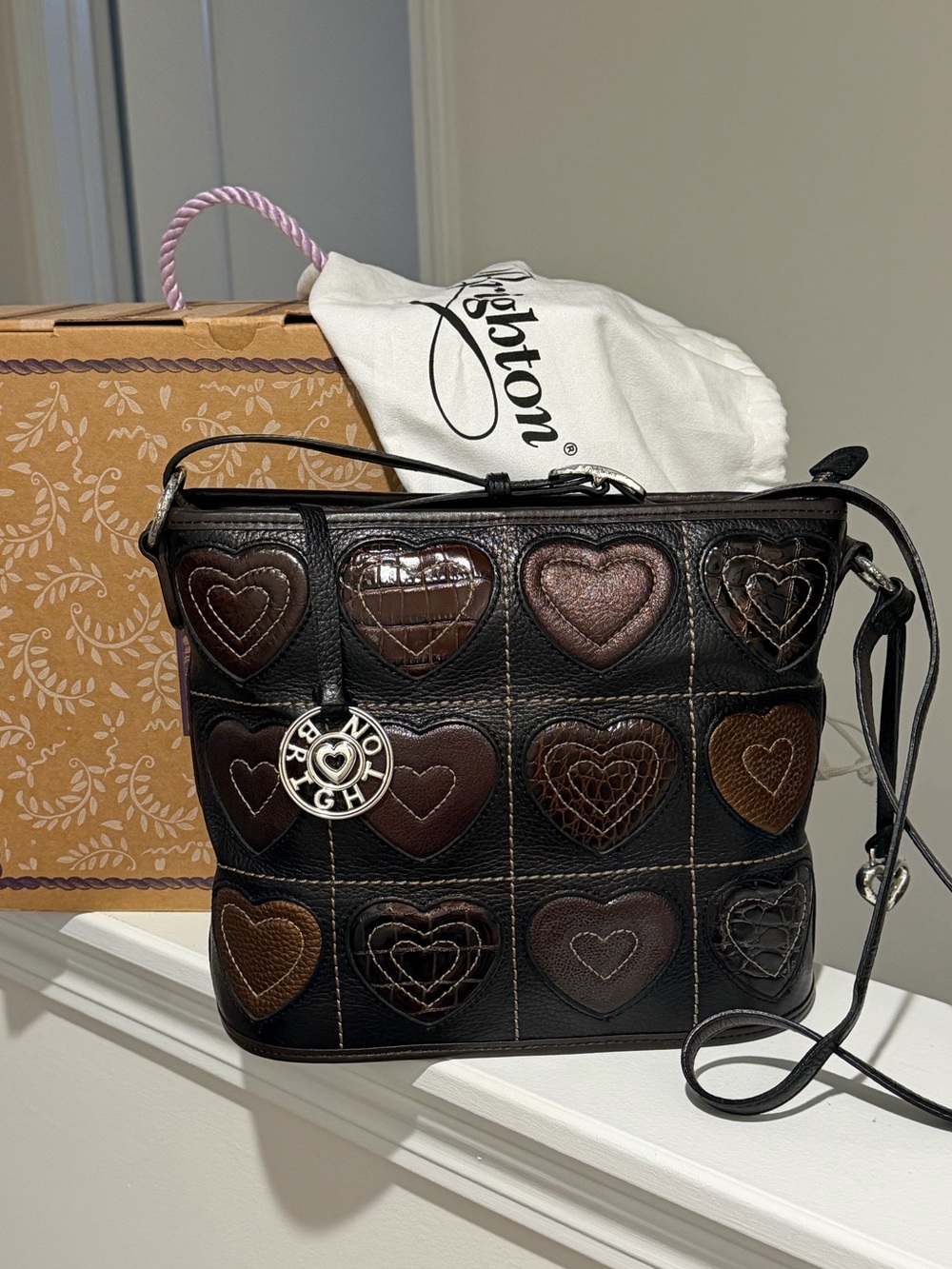 Brighton Black and Brown Heart Patch Leather Crossbody Bag NWT - box and dusty